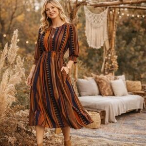 Western Boho Midi Dress Rust Stripe | Anthropologie Style Desert Boho | Umgee